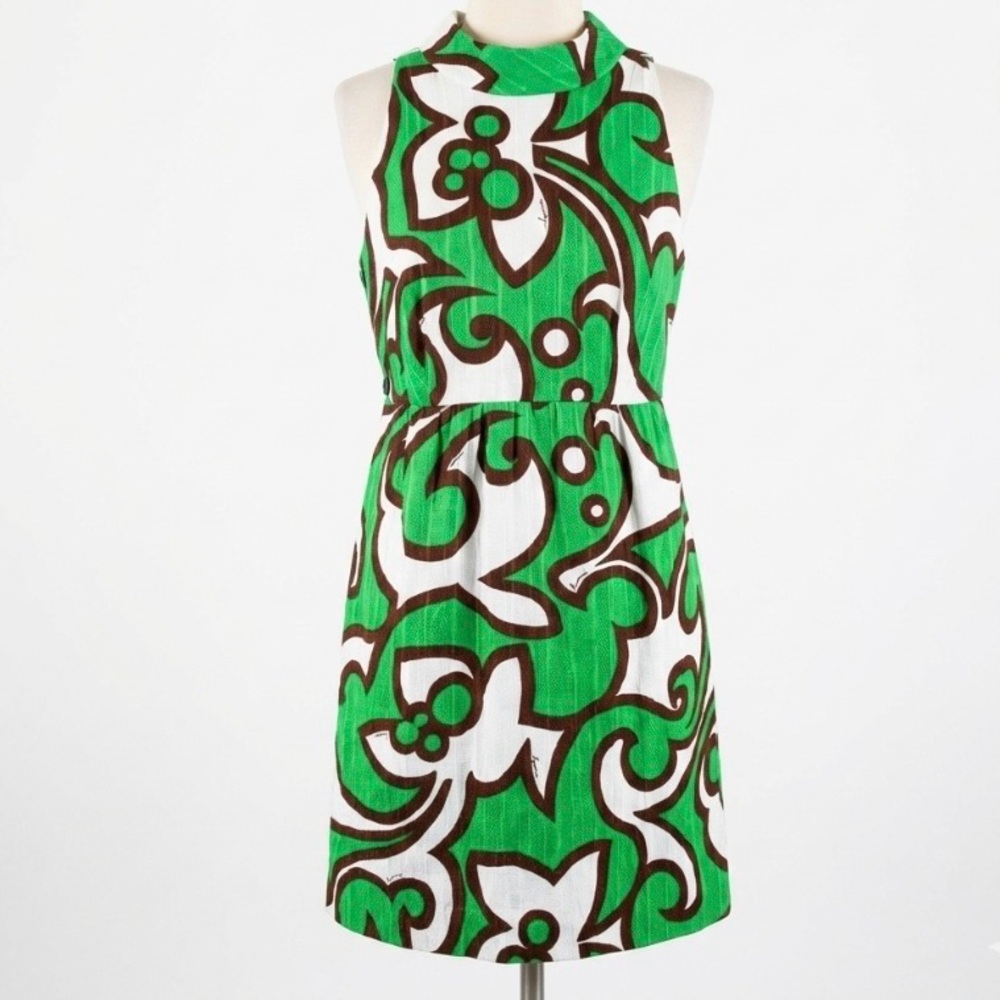 MILLY NY Green Abstract Halter Dress Open Back Bow; Fits 8